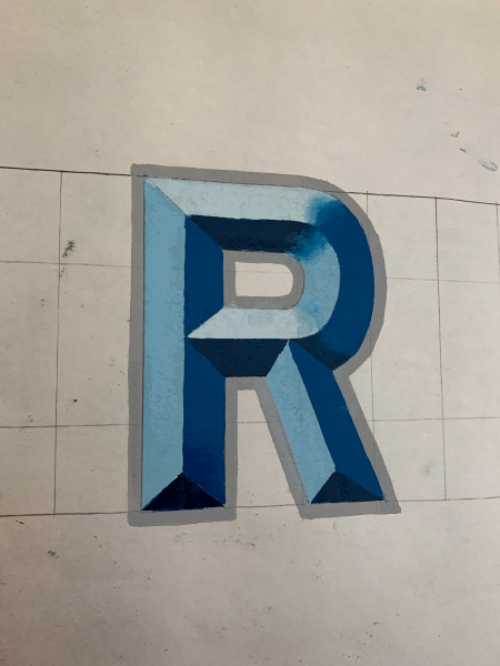 Anna Damoli sign painting example. Image of an R in blue with shadows and highlights to make the letter appear 3d.